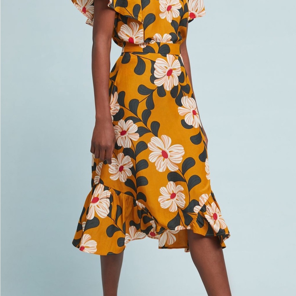 ANTHROPOLOGIE EVA FRANCO Ikebana Yellow Floral Midi Skirt & Matching Blouse 4/6 - Picture 2 of 10